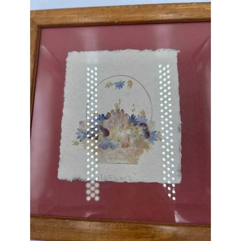 Vintage 1998 Signed Antonia Wildflowers Pressed Flower Art Oak Wood Frame 10.5